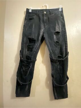 Distressed Black Jeans with Straps ripped goth punk y2k